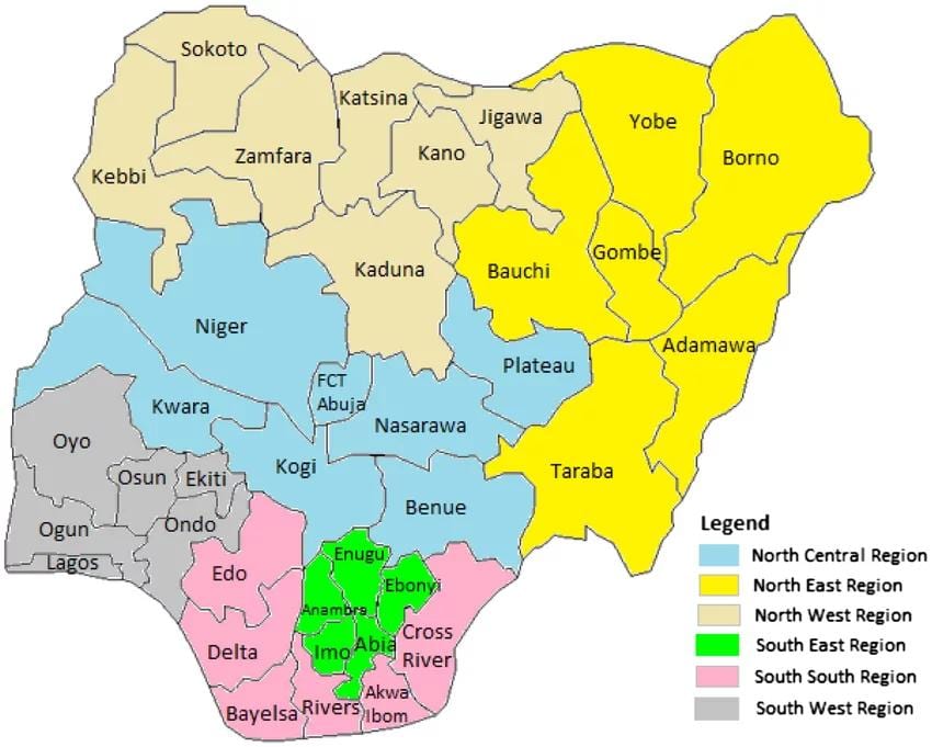 Térkép nigéria mutatja, hogy a geopolitikai zónák