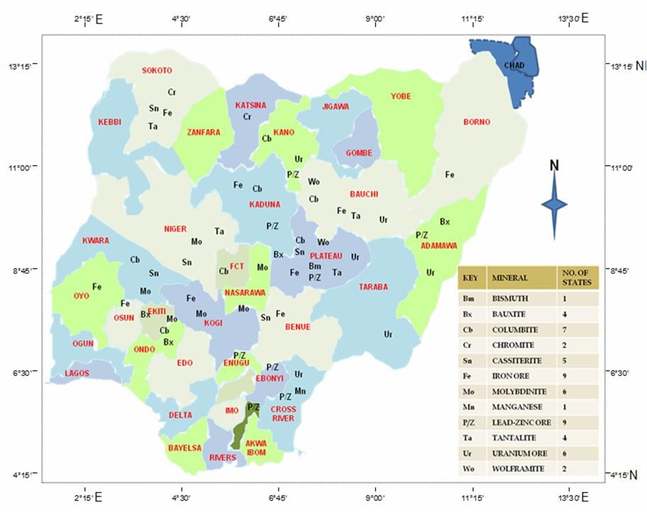 Térkép nigéria mutatja az ásványi nyersanyagok