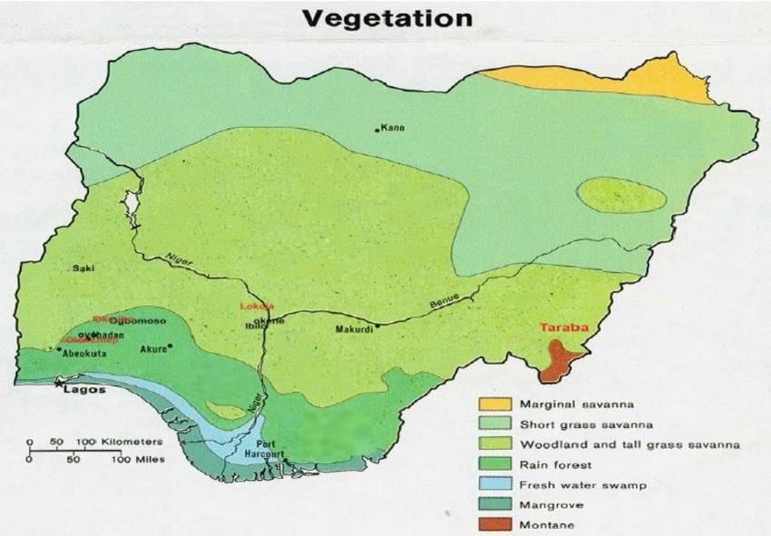 térkép nigéria mutatja, hogy a növényzet